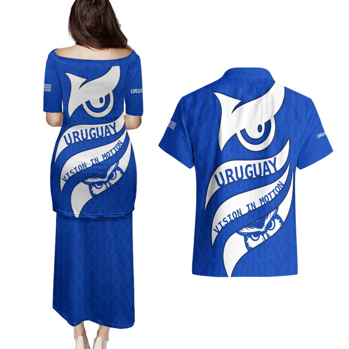 Uruguay Couples Matching Puletasi and Hawaiian Shirt with Owl Illustration Blue White Abstract Motion Design - Wonder Print Shop