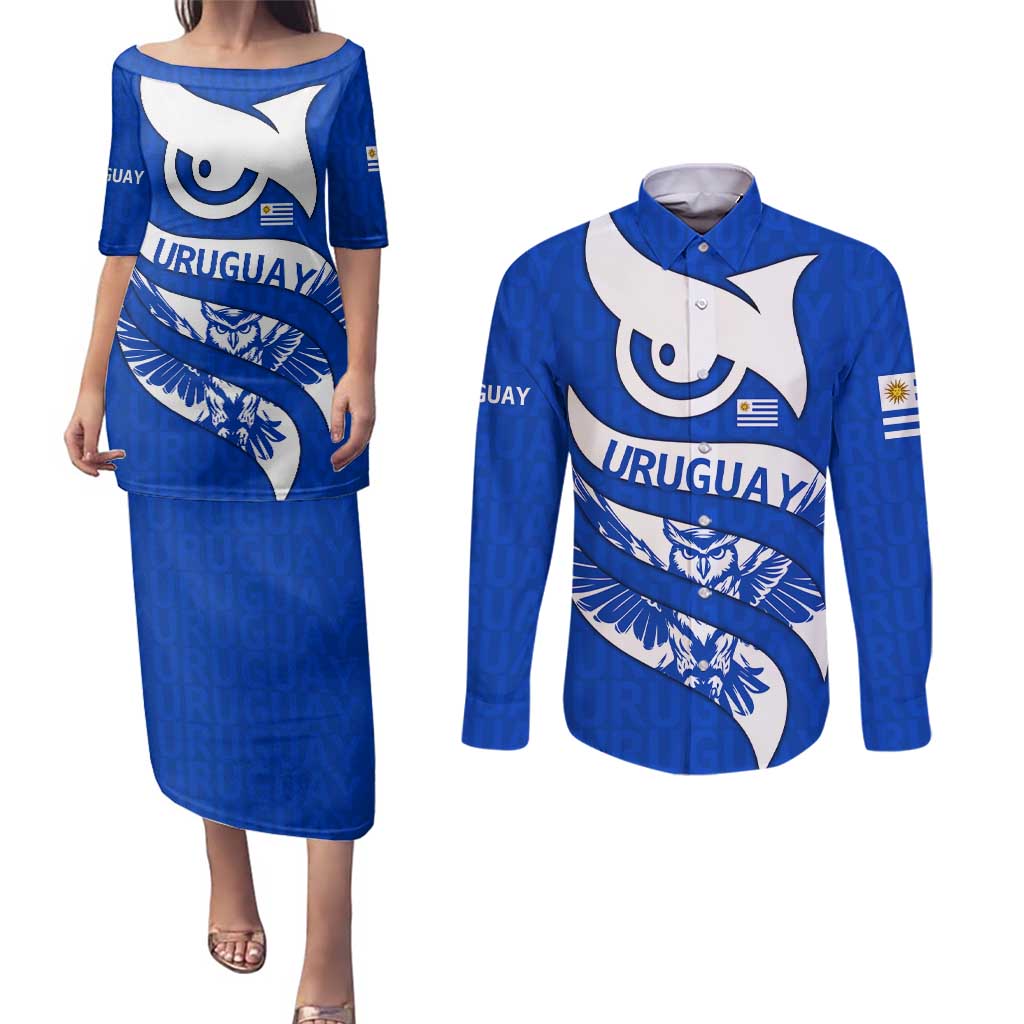Uruguay Couples Matching Puletasi and Long Sleeve Button Shirt with Owl Illustration Blue White Abstract Motion Design - Wonder Print Shop