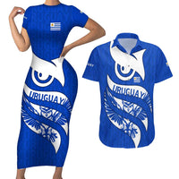 Uruguay Couples Matching Short Sleeve Bodycon Dress and Hawaiian Shirt with Owl Illustration Blue White Abstract Motion Design - Wonder Print Shop