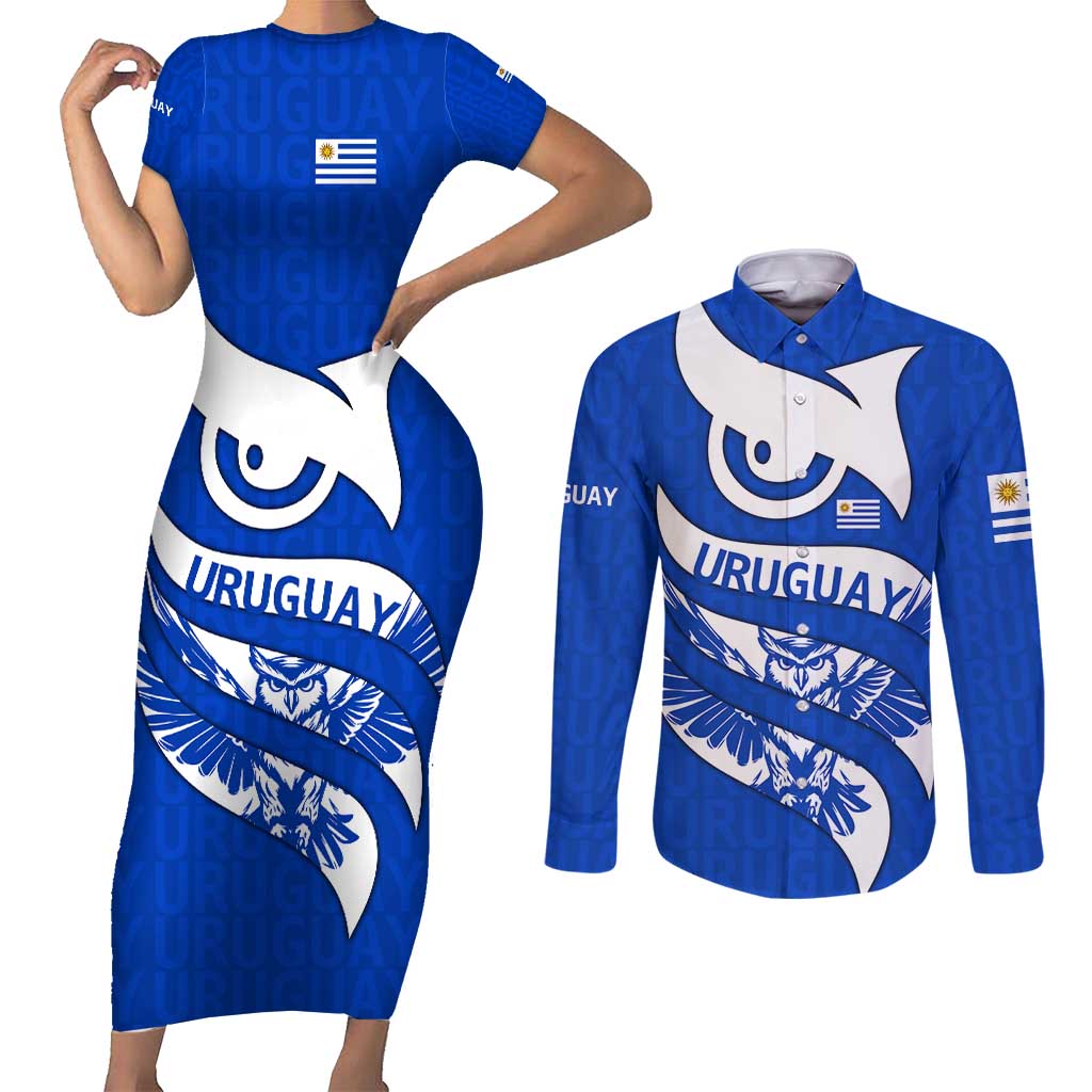 Uruguay Couples Matching Short Sleeve Bodycon Dress and Long Sleeve Button Shirt with Owl Illustration Blue White Abstract Motion Design - Wonder Print Shop