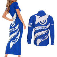 Uruguay Couples Matching Short Sleeve Bodycon Dress and Long Sleeve Button Shirt with Owl Illustration Blue White Abstract Motion Design - Wonder Print Shop