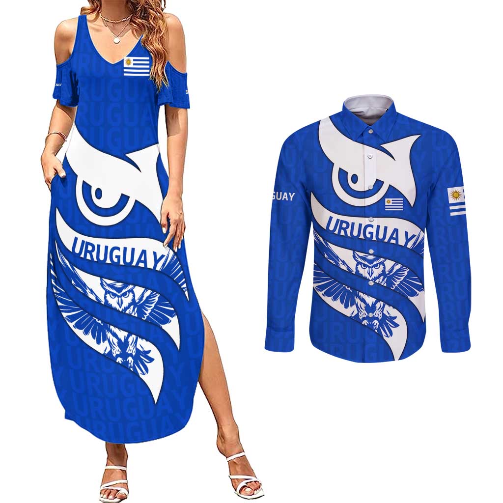 Uruguay Couples Matching Summer Maxi Dress and Long Sleeve Button Shirt with Owl Illustration Blue White Abstract Motion Design - Wonder Print Shop