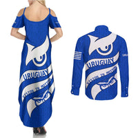 Uruguay Couples Matching Summer Maxi Dress and Long Sleeve Button Shirt with Owl Illustration Blue White Abstract Motion Design - Wonder Print Shop