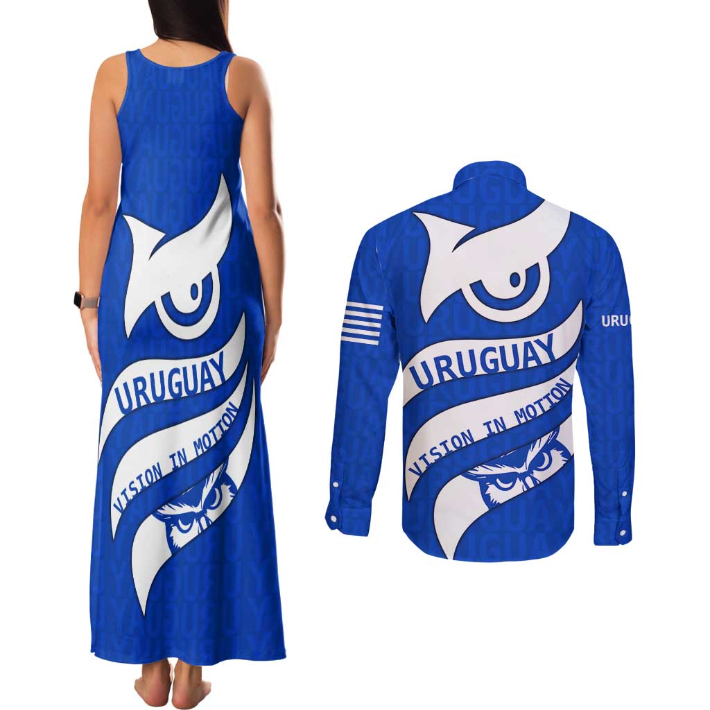 Uruguay Couples Matching Tank Maxi Dress and Long Sleeve Button Shirt with Owl Illustration Blue White Abstract Motion Design - Wonder Print Shop