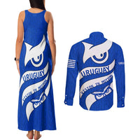 Uruguay Couples Matching Tank Maxi Dress and Long Sleeve Button Shirt with Owl Illustration Blue White Abstract Motion Design - Wonder Print Shop