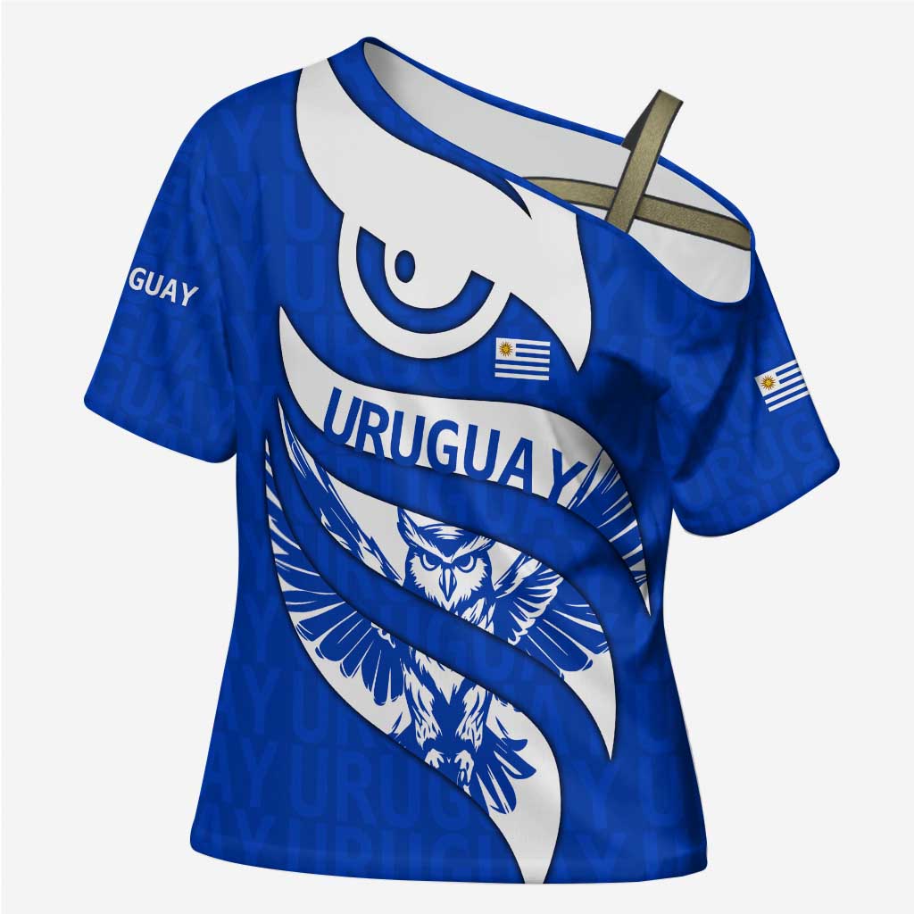 Uruguay Cross Shoulder Shirt with Owl Illustration Blue White Abstract Motion Design - Wonder Print Shop