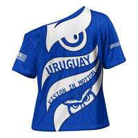 Uruguay Cross Shoulder Shirt with Owl Illustration Blue White Abstract Motion Design - Wonder Print Shop