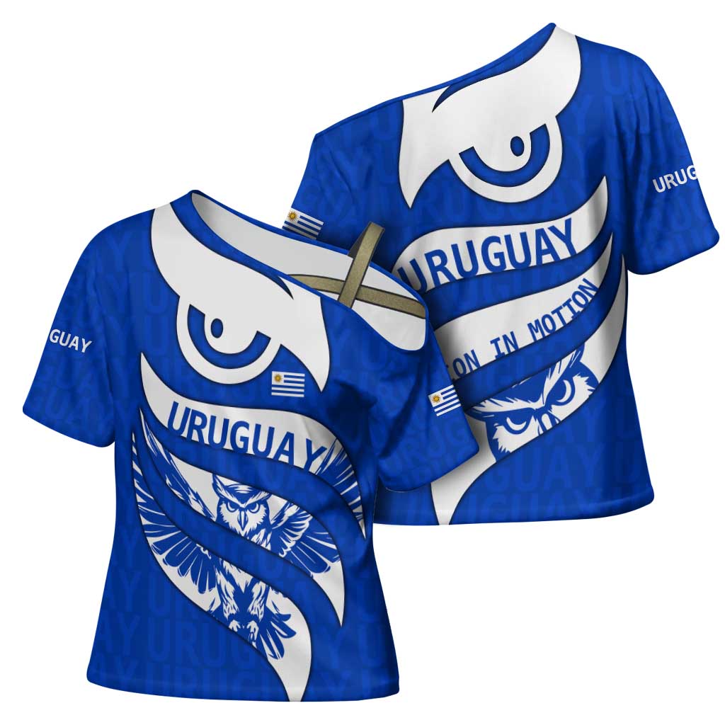 Uruguay Cross Shoulder Shirt with Owl Illustration Blue White Abstract Motion Design - Wonder Print Shop