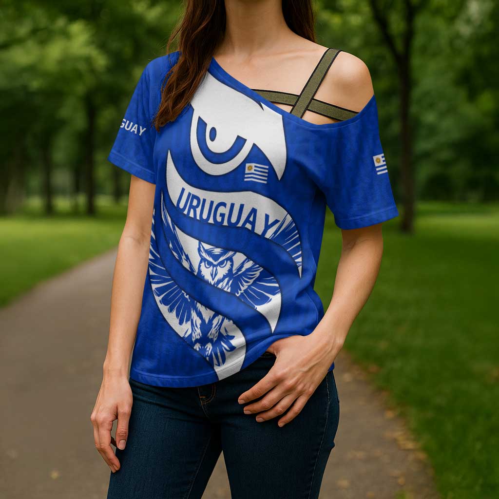 Uruguay Cross Shoulder Shirt with Owl Illustration Blue White Abstract Motion Design - Wonder Print Shop
