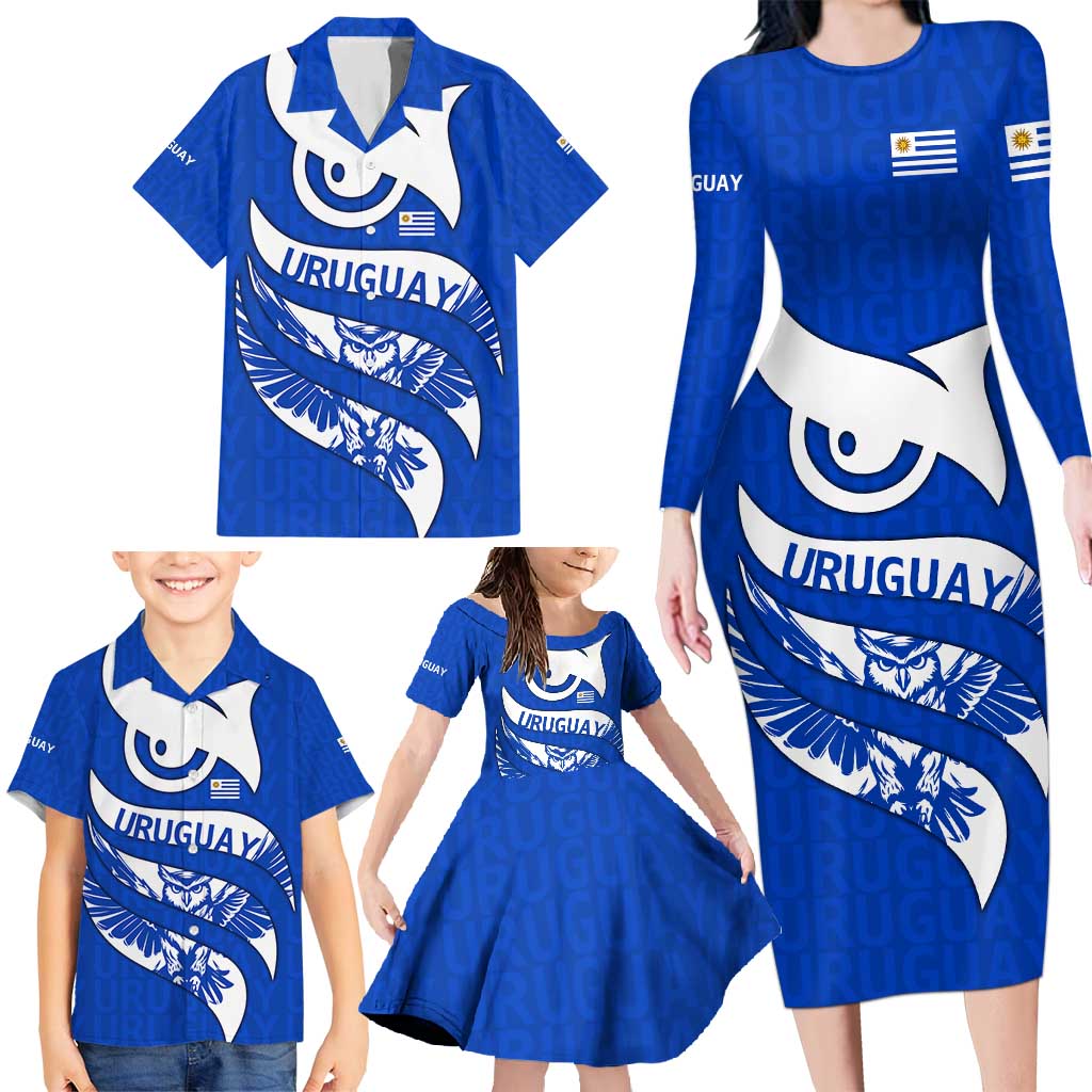 Uruguay Family Matching Long Sleeve Bodycon Dress and Hawaiian Shirt with Owl Illustration Blue White Abstract Motion Design - Wonder Print Shop