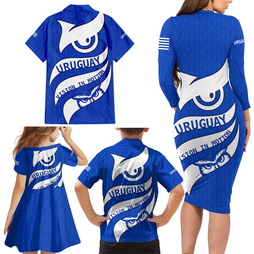Uruguay Family Matching Long Sleeve Bodycon Dress and Hawaiian Shirt with Owl Illustration Blue White Abstract Motion Design - Wonder Print Shop
