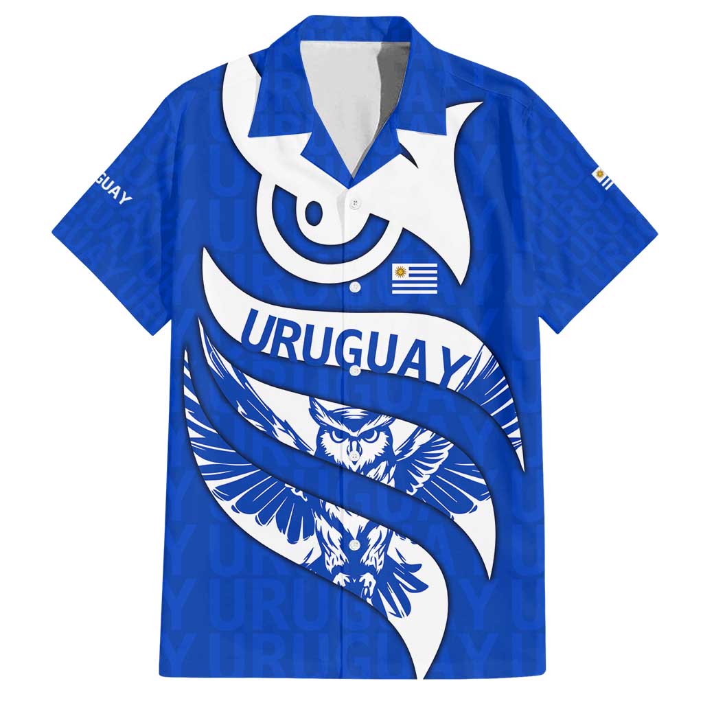 Uruguay Family Matching Long Sleeve Bodycon Dress and Hawaiian Shirt with Owl Illustration Blue White Abstract Motion Design - Wonder Print Shop