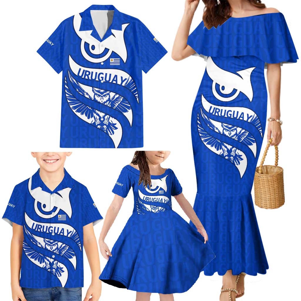 Uruguay Family Matching Mermaid Dress and Hawaiian Shirt with Owl Illustration Blue White Abstract Motion Design - Wonder Print Shop