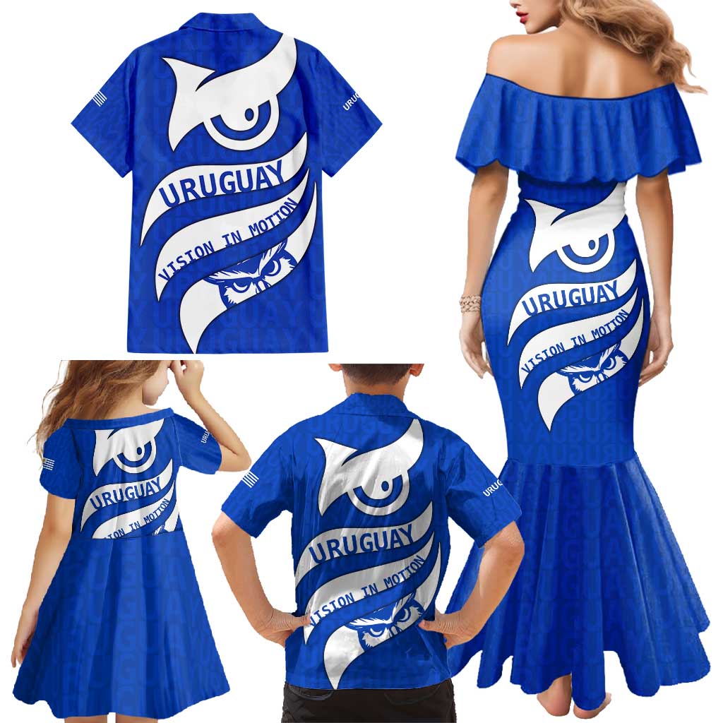 Uruguay Family Matching Mermaid Dress and Hawaiian Shirt with Owl Illustration Blue White Abstract Motion Design - Wonder Print Shop