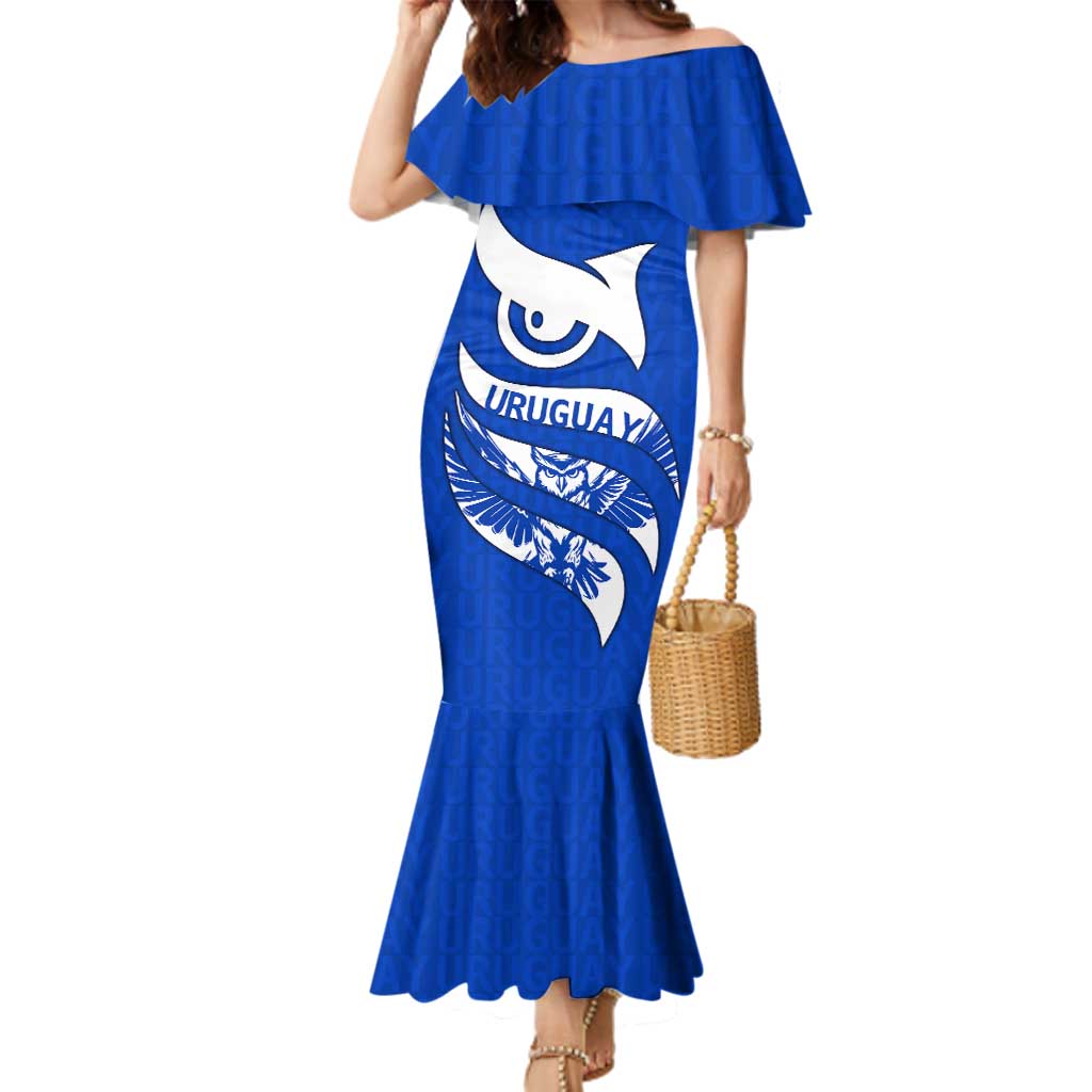 Uruguay Family Matching Mermaid Dress and Hawaiian Shirt with Owl Illustration Blue White Abstract Motion Design - Wonder Print Shop