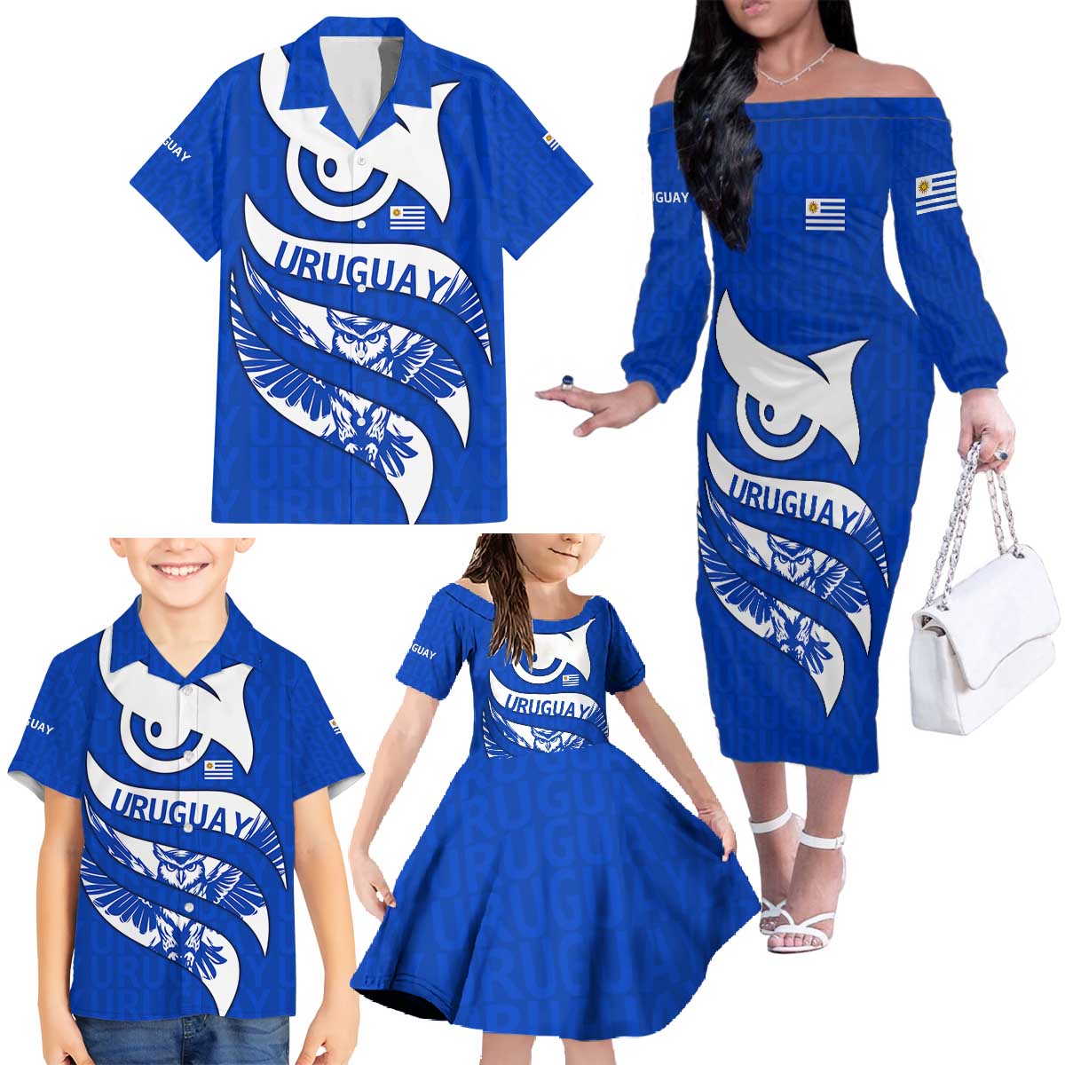 Uruguay Family Matching Off The Shoulder Long Sleeve Dress and Hawaiian Shirt with Owl Illustration Blue White Abstract Motion Design - Wonder Print Shop