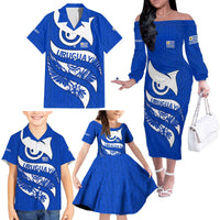 Uruguay Family Matching Off The Shoulder Long Sleeve Dress and Hawaiian Shirt with Owl Illustration Blue White Abstract Motion Design - Wonder Print Shop