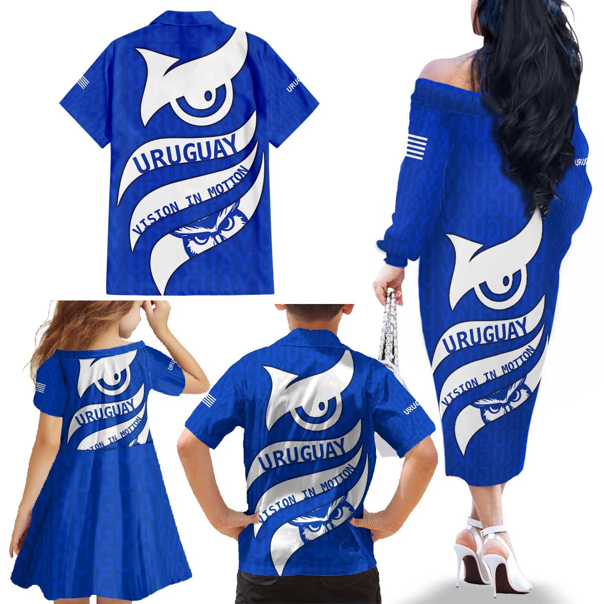 Uruguay Family Matching Off The Shoulder Long Sleeve Dress and Hawaiian Shirt with Owl Illustration Blue White Abstract Motion Design - Wonder Print Shop