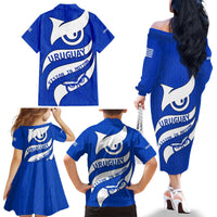 Uruguay Family Matching Off The Shoulder Long Sleeve Dress and Hawaiian Shirt with Owl Illustration Blue White Abstract Motion Design - Wonder Print Shop