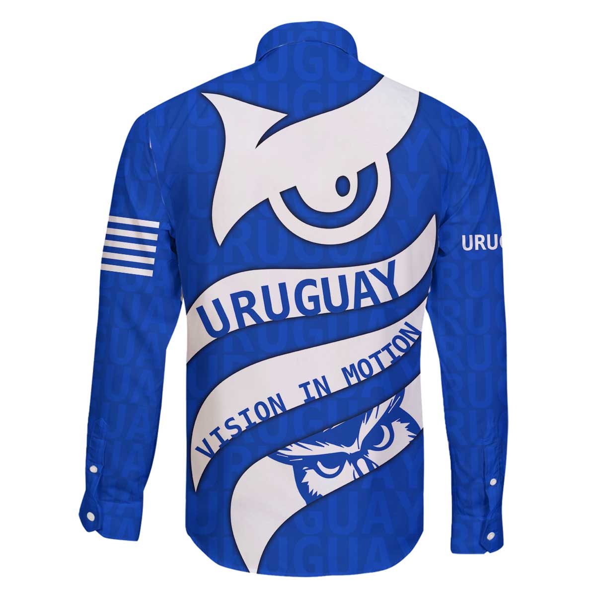 Uruguay Family Matching Off The Shoulder Long Sleeve Dress and Hawaiian Shirt with Owl Illustration Blue White Abstract Motion Design - Wonder Print Shop