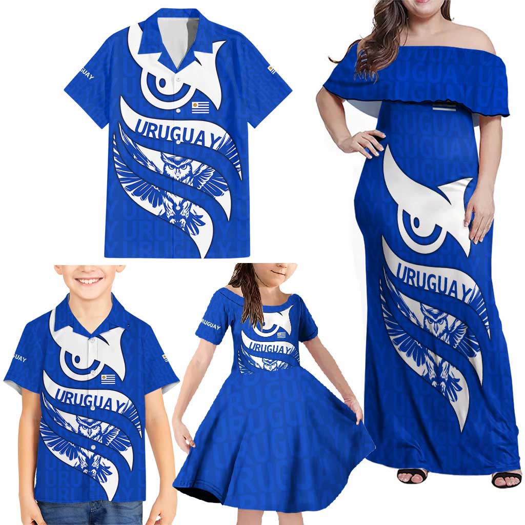 Uruguay Family Matching Off Shoulder Maxi Dress and Hawaiian Shirt with Owl Illustration Blue White Abstract Motion Design - Wonder Print Shop