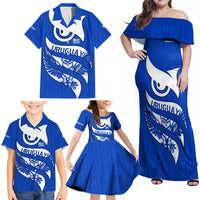 Uruguay Family Matching Off Shoulder Maxi Dress and Hawaiian Shirt with Owl Illustration Blue White Abstract Motion Design - Wonder Print Shop