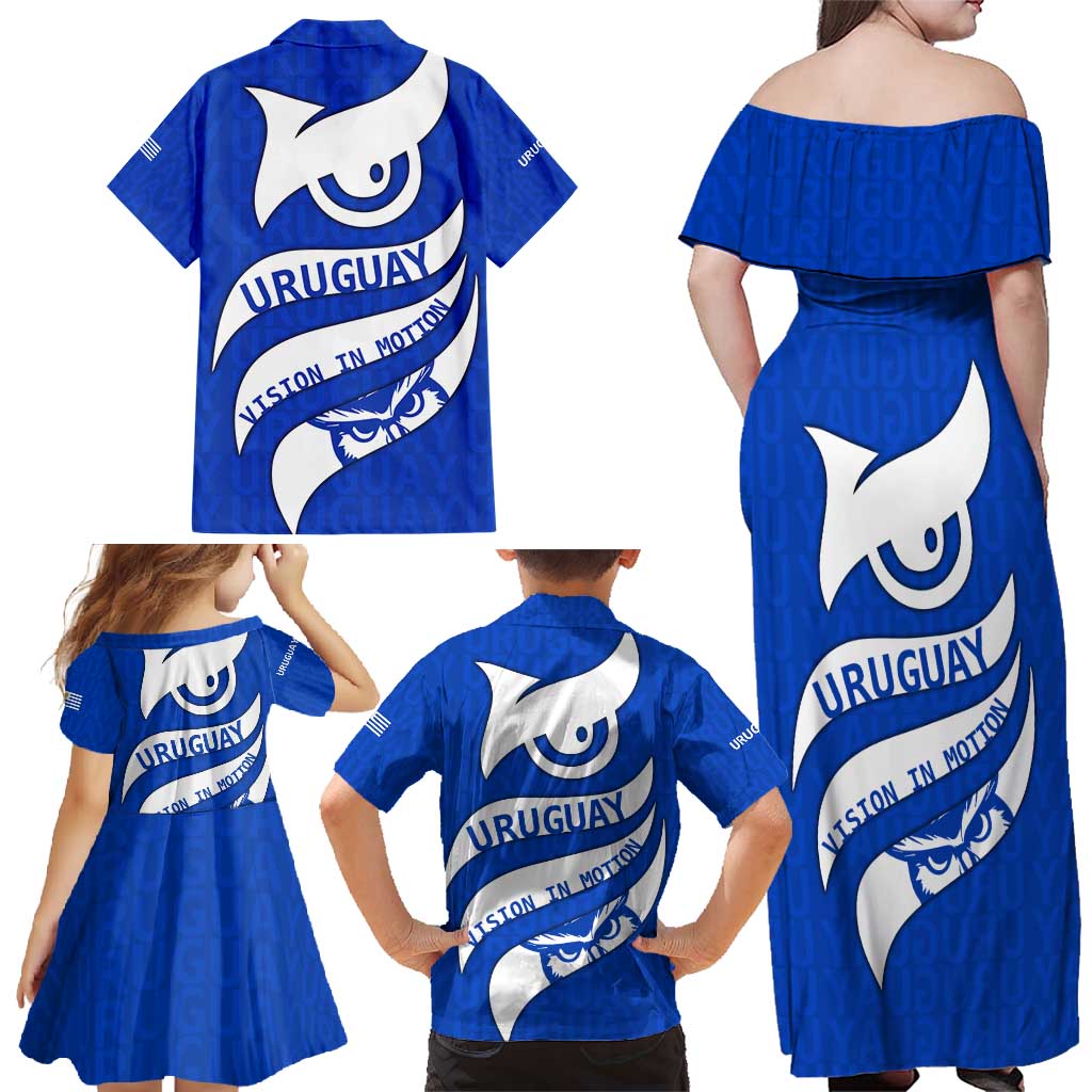 Uruguay Family Matching Off Shoulder Maxi Dress and Hawaiian Shirt with Owl Illustration Blue White Abstract Motion Design - Wonder Print Shop
