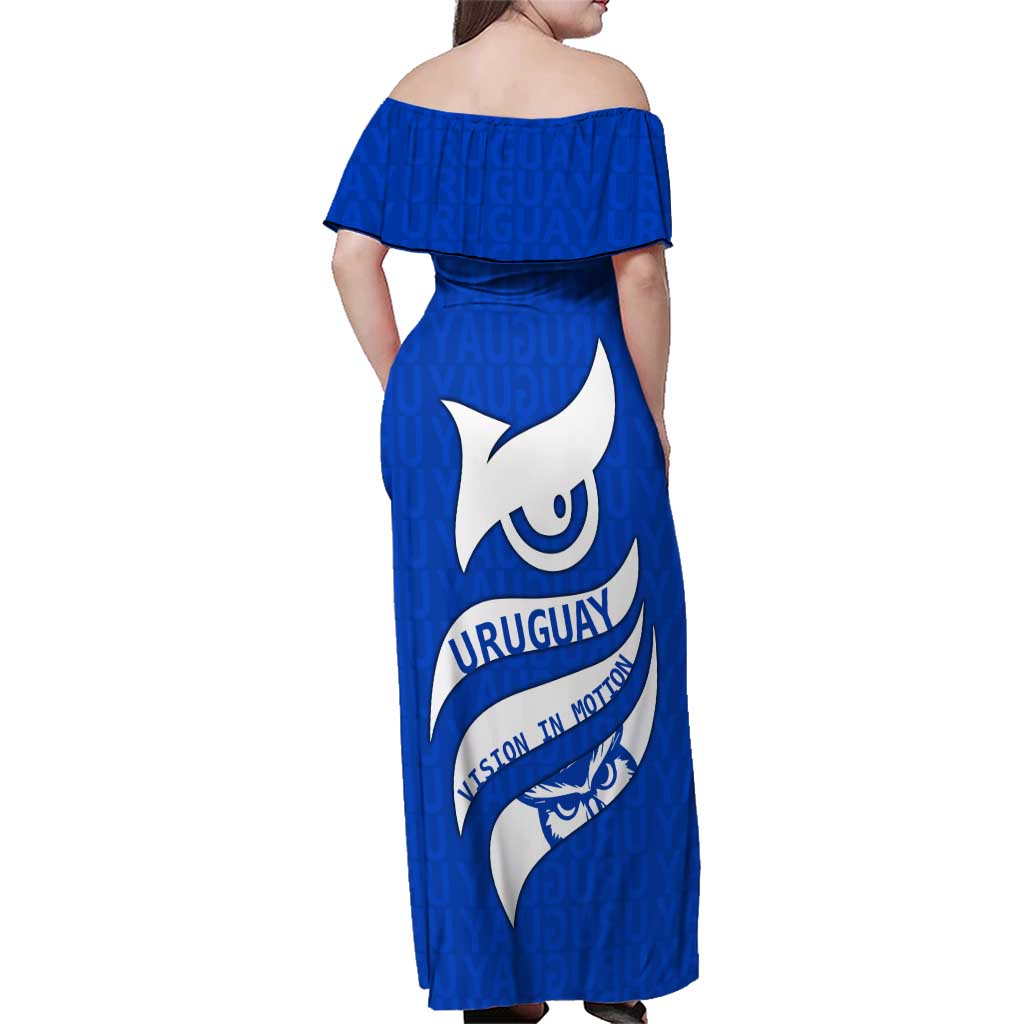 Uruguay Family Matching Off Shoulder Maxi Dress and Hawaiian Shirt with Owl Illustration Blue White Abstract Motion Design - Wonder Print Shop