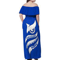 Uruguay Family Matching Off Shoulder Maxi Dress and Hawaiian Shirt with Owl Illustration Blue White Abstract Motion Design - Wonder Print Shop