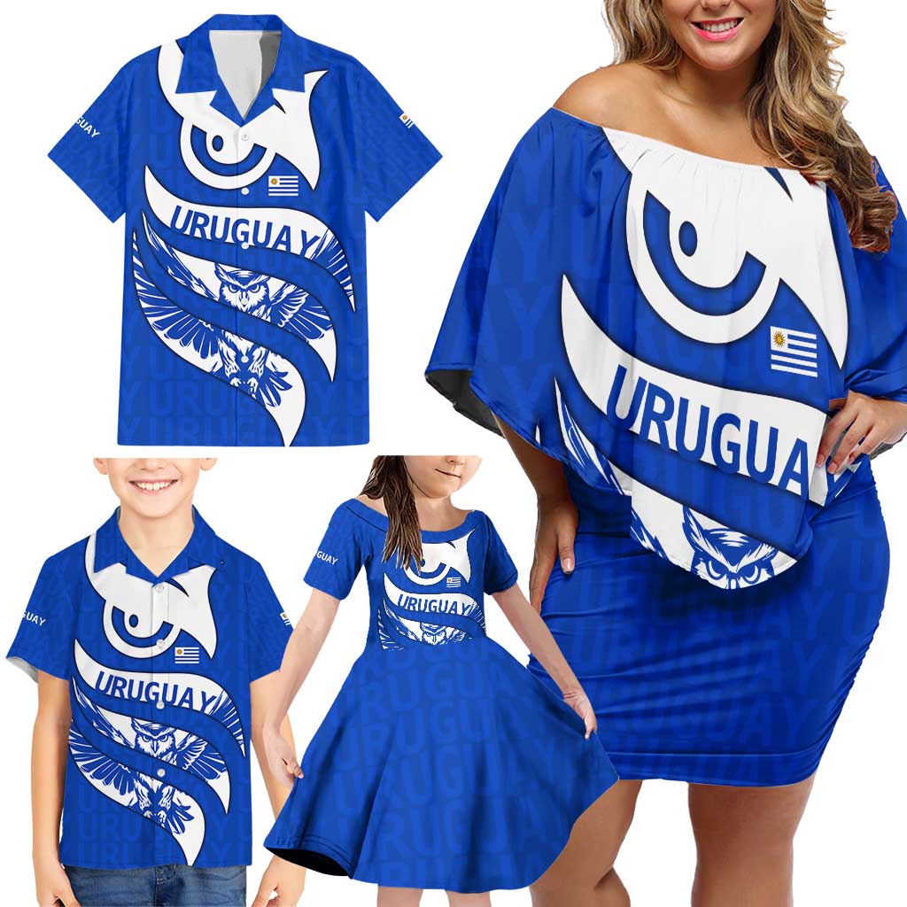 Uruguay Family Matching Off Shoulder Short Dress and Hawaiian Shirt with Owl Illustration Blue White Abstract Motion Design - Wonder Print Shop