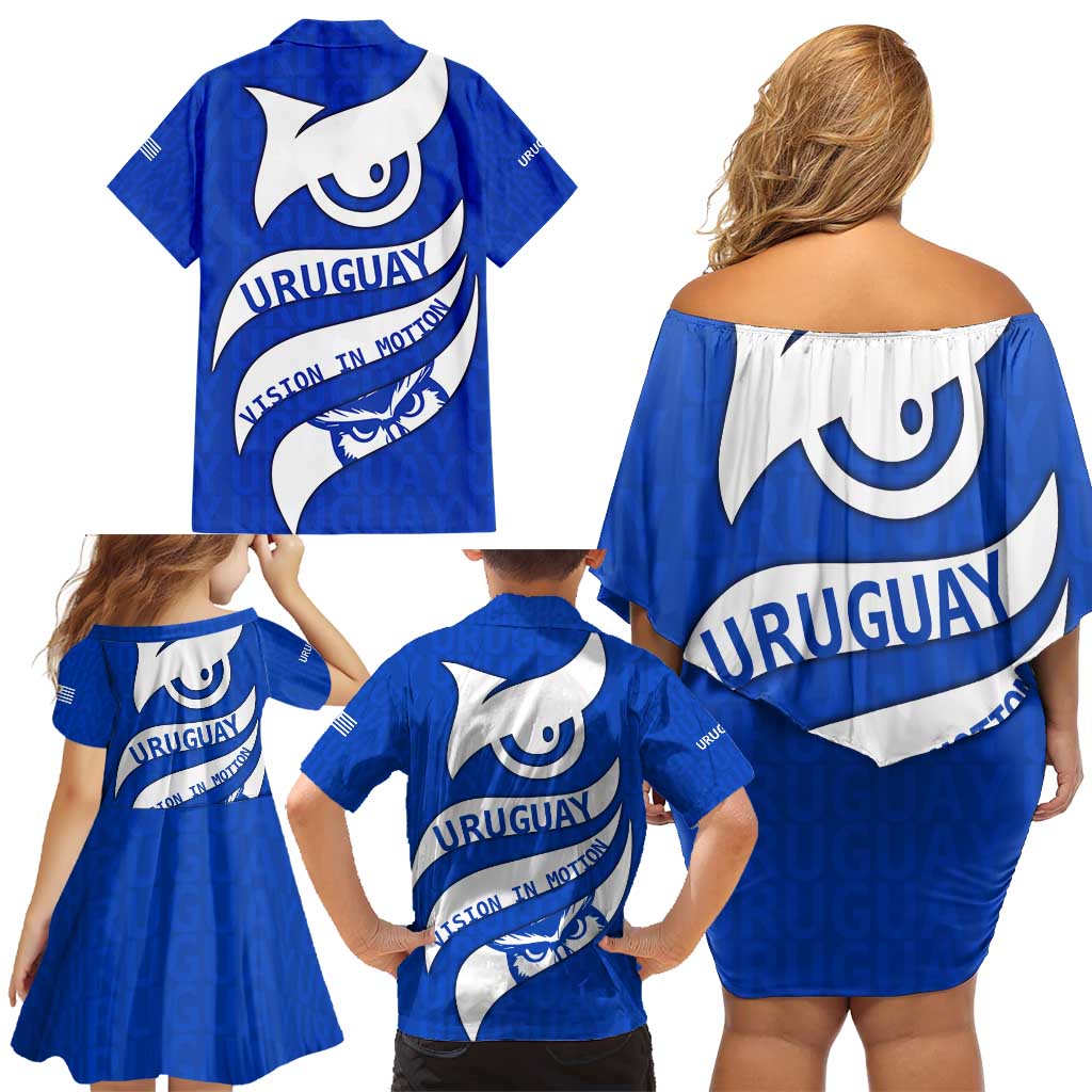 Uruguay Family Matching Off Shoulder Short Dress and Hawaiian Shirt with Owl Illustration Blue White Abstract Motion Design - Wonder Print Shop