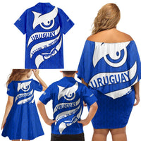 Uruguay Family Matching Off Shoulder Short Dress and Hawaiian Shirt with Owl Illustration Blue White Abstract Motion Design - Wonder Print Shop