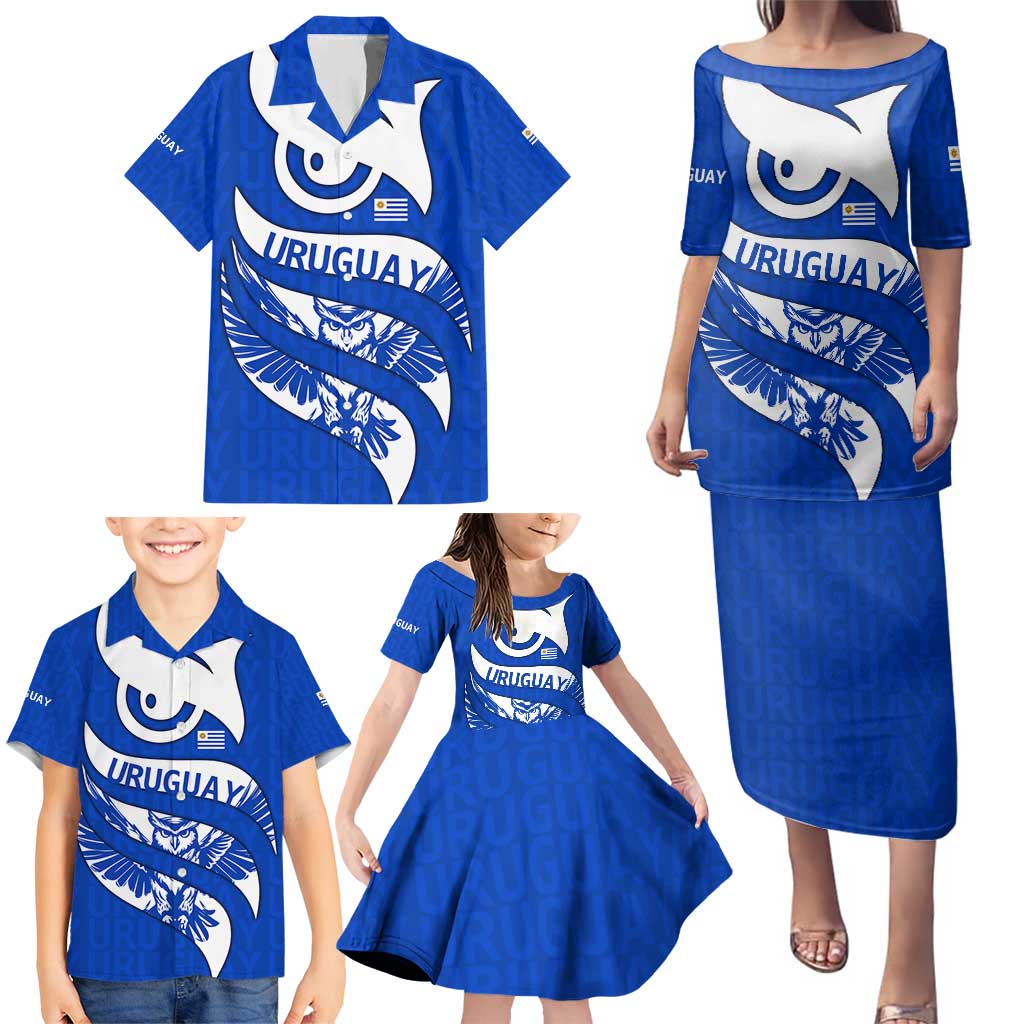 Uruguay Family Matching Puletasi and Hawaiian Shirt with Owl Illustration Blue White Abstract Motion Design - Wonder Print Shop