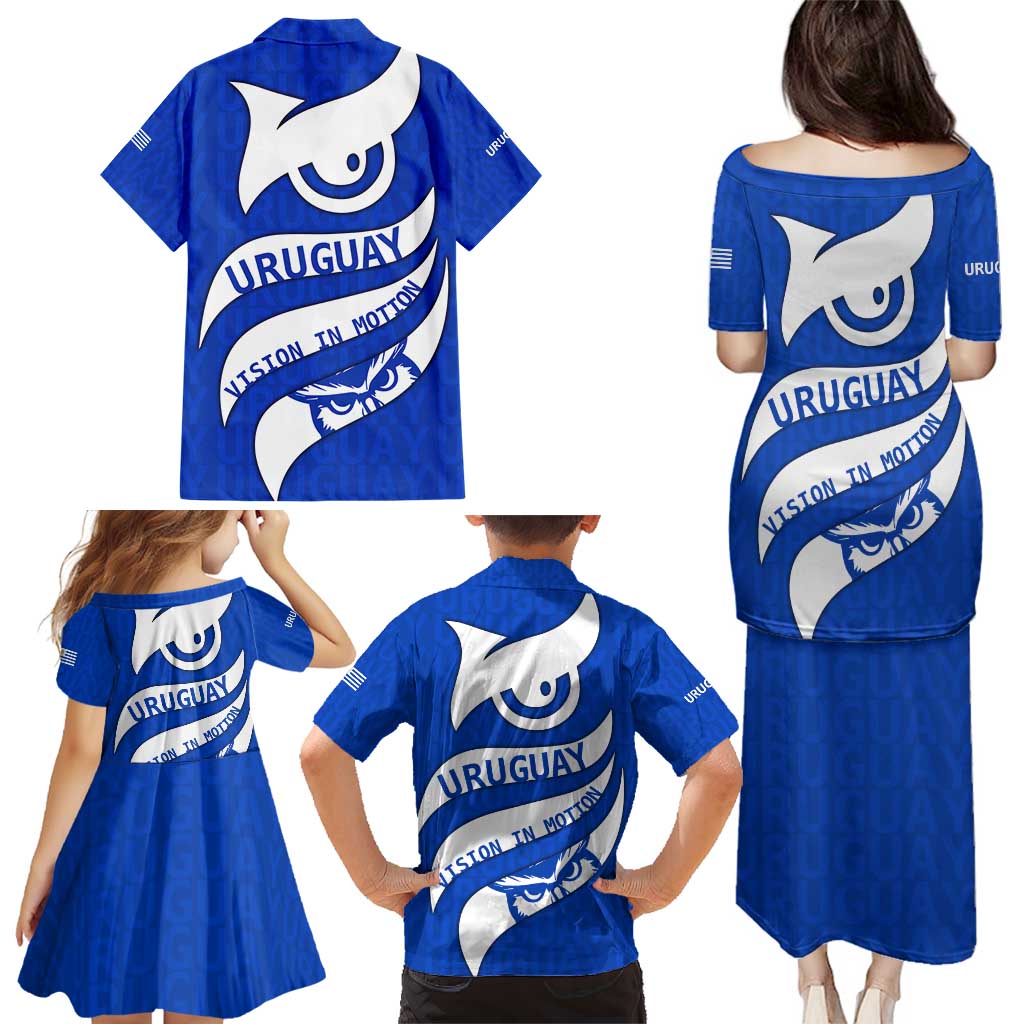 Uruguay Family Matching Puletasi and Hawaiian Shirt with Owl Illustration Blue White Abstract Motion Design - Wonder Print Shop