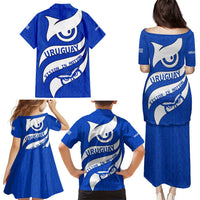 Uruguay Family Matching Puletasi and Hawaiian Shirt with Owl Illustration Blue White Abstract Motion Design - Wonder Print Shop