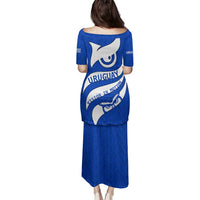 Uruguay Family Matching Puletasi and Hawaiian Shirt with Owl Illustration Blue White Abstract Motion Design - Wonder Print Shop