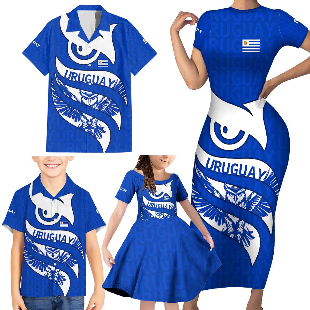 Uruguay Family Matching Short Sleeve Bodycon Dress and Hawaiian Shirt with Owl Illustration Blue White Abstract Motion Design - Wonder Print Shop