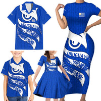 Uruguay Family Matching Short Sleeve Bodycon Dress and Hawaiian Shirt with Owl Illustration Blue White Abstract Motion Design - Wonder Print Shop