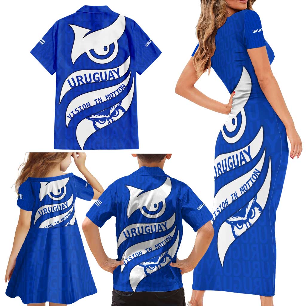 Uruguay Family Matching Short Sleeve Bodycon Dress and Hawaiian Shirt with Owl Illustration Blue White Abstract Motion Design - Wonder Print Shop