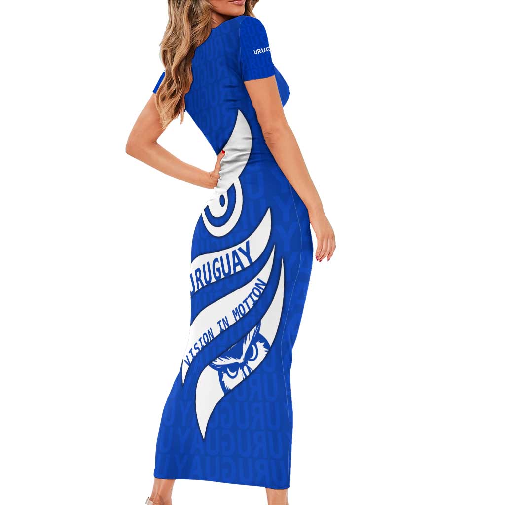 Uruguay Family Matching Short Sleeve Bodycon Dress and Hawaiian Shirt with Owl Illustration Blue White Abstract Motion Design - Wonder Print Shop