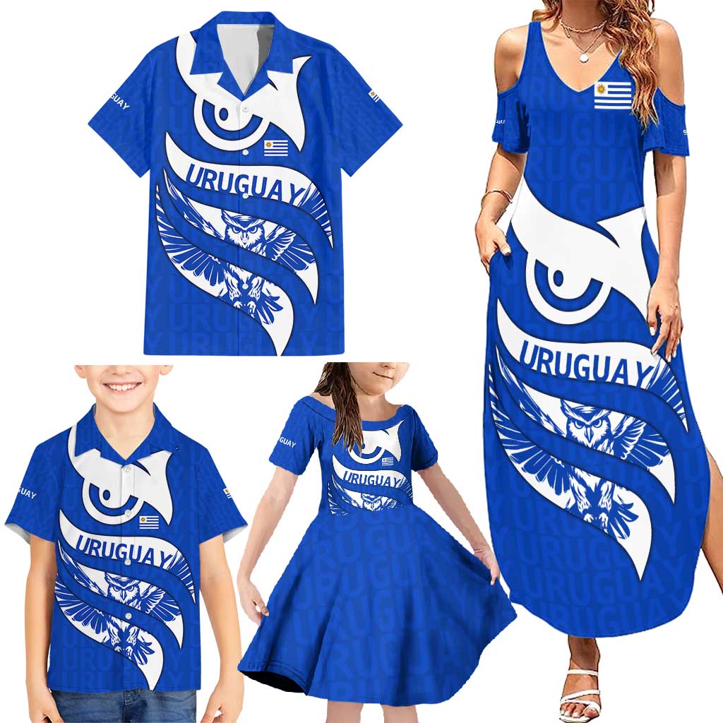 Uruguay Family Matching Summer Maxi Dress and Hawaiian Shirt with Owl Illustration Blue White Abstract Motion Design - Wonder Print Shop