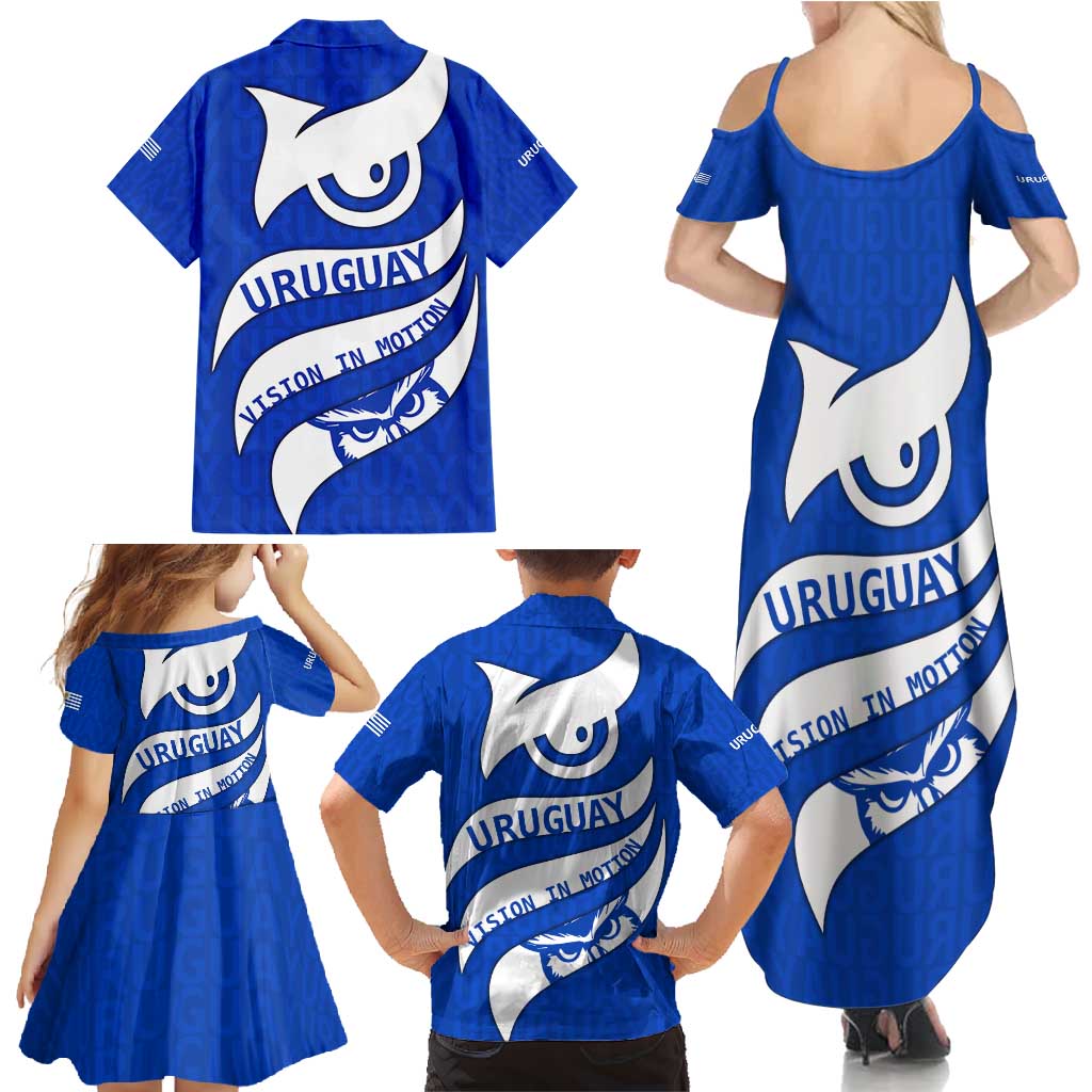 Uruguay Family Matching Summer Maxi Dress and Hawaiian Shirt with Owl Illustration Blue White Abstract Motion Design - Wonder Print Shop