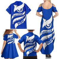 Uruguay Family Matching Summer Maxi Dress and Hawaiian Shirt with Owl Illustration Blue White Abstract Motion Design - Wonder Print Shop