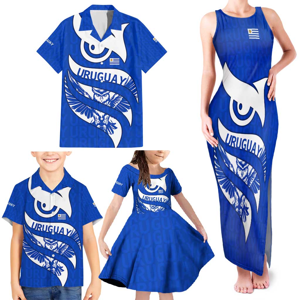 Uruguay Family Matching Tank Maxi Dress and Hawaiian Shirt with Owl Illustration Blue White Abstract Motion Design - Wonder Print Shop