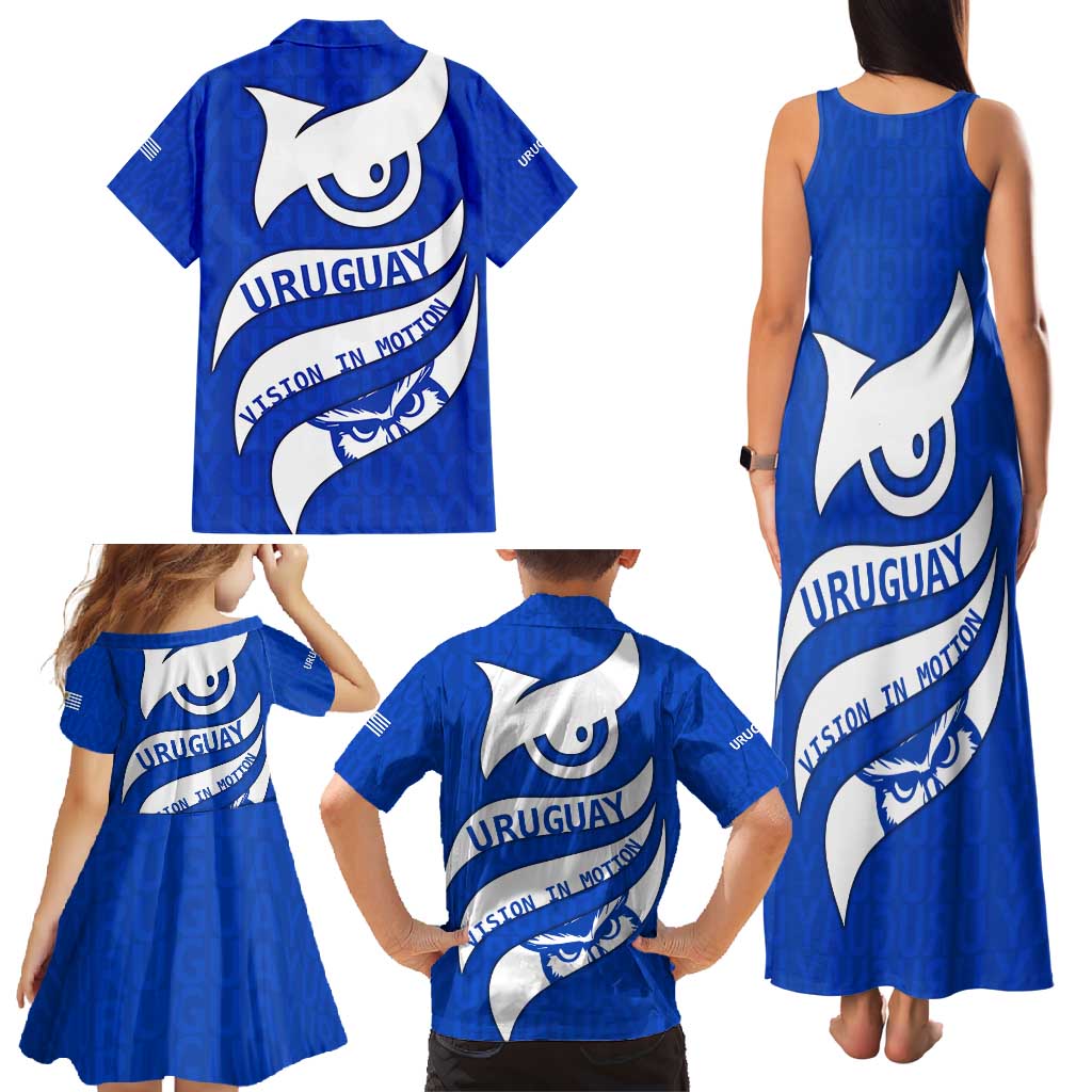 Uruguay Family Matching Tank Maxi Dress and Hawaiian Shirt with Owl Illustration Blue White Abstract Motion Design - Wonder Print Shop