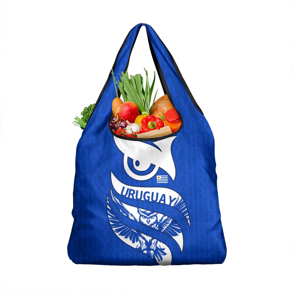Uruguay Grocery Bag with Owl Illustration Blue White Abstract Motion Design - Wonder Print Shop