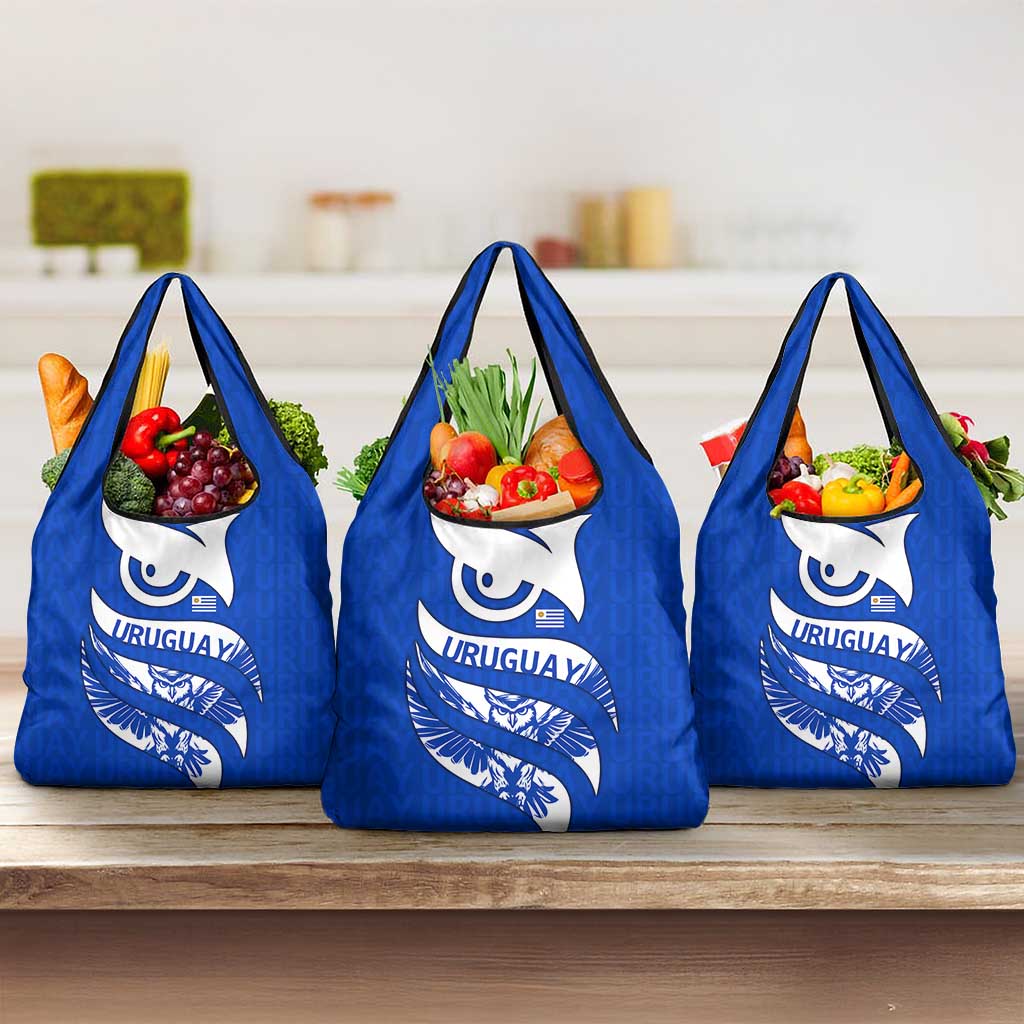 Uruguay Grocery Bag with Owl Illustration Blue White Abstract Motion Design - Wonder Print Shop