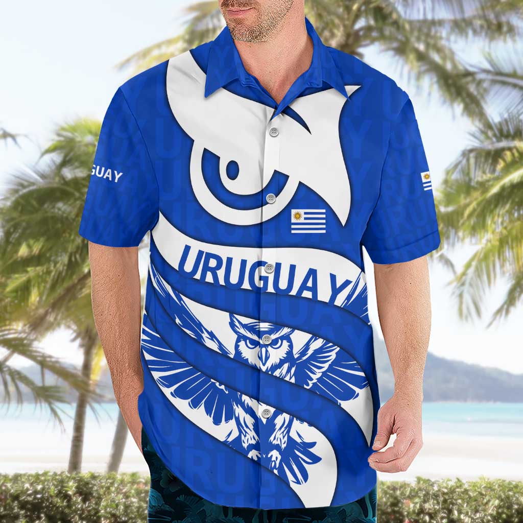 Uruguay Hawaiian Shirt with Owl Illustration Blue White Abstract Motion Design - Wonder Print Shop