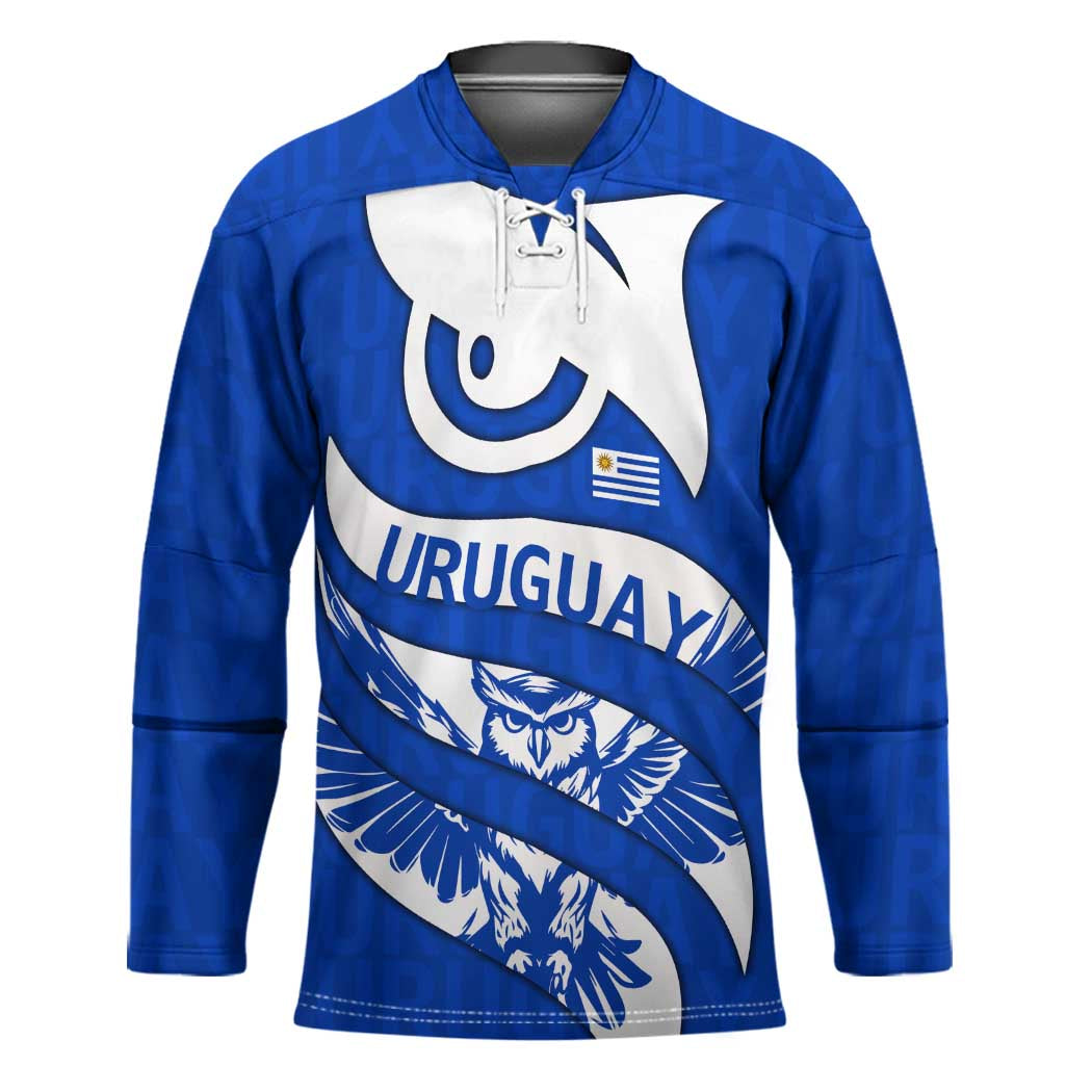 Uruguay Hockey Jersey with Owl Illustration Blue White Abstract Motion Design - Wonder Print Shop