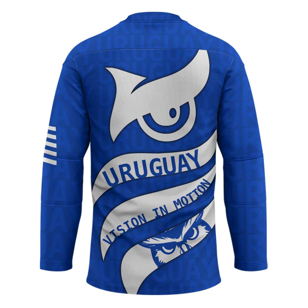 Uruguay Hockey Jersey with Owl Illustration Blue White Abstract Motion Design - Wonder Print Shop